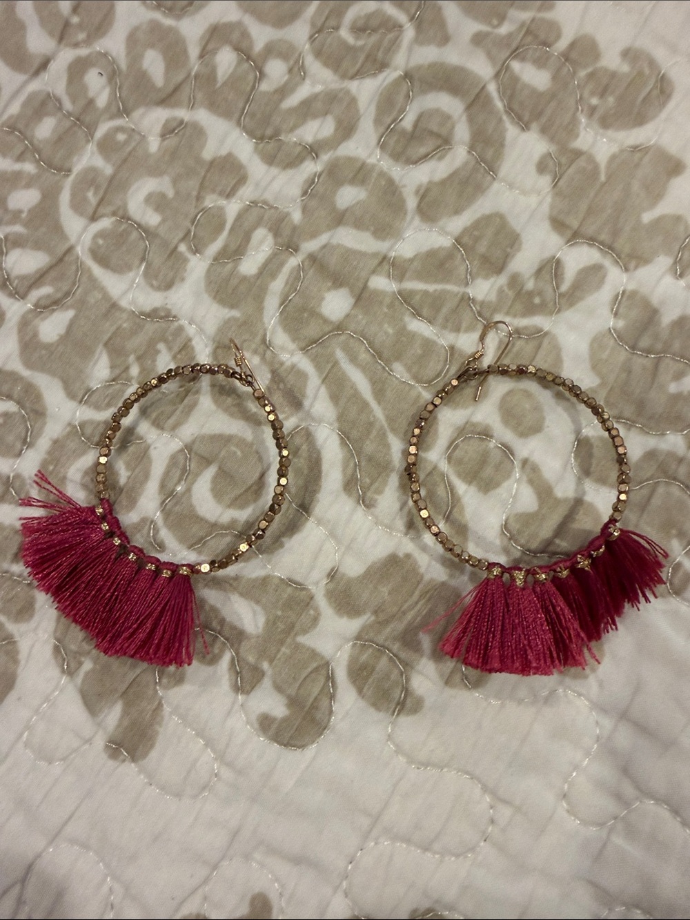 Gold Hoop Earrings with Berry Pink Tassel Fringe